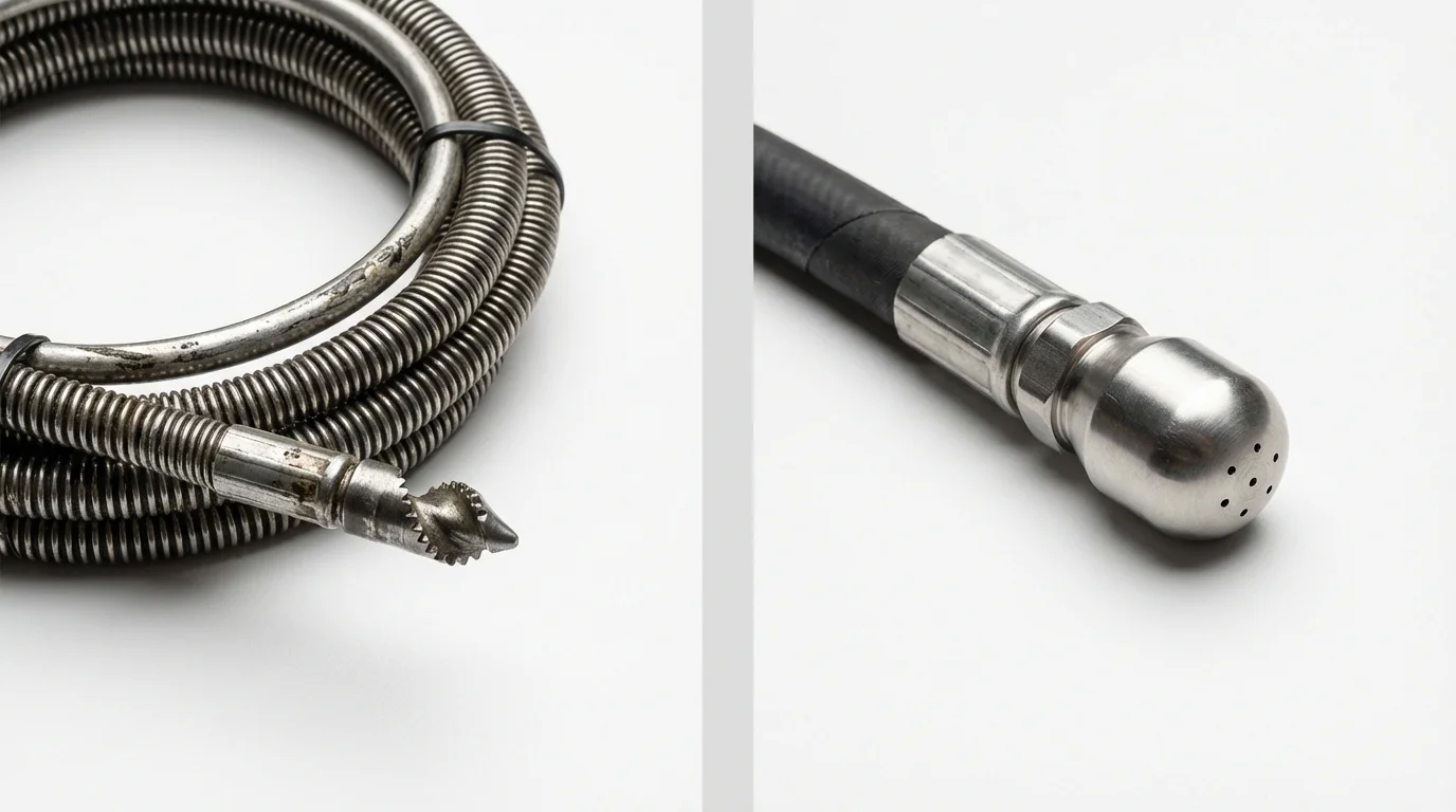 Drain snake cable and hydro jetting nozzle used for drain cleaning in Montclair, CA